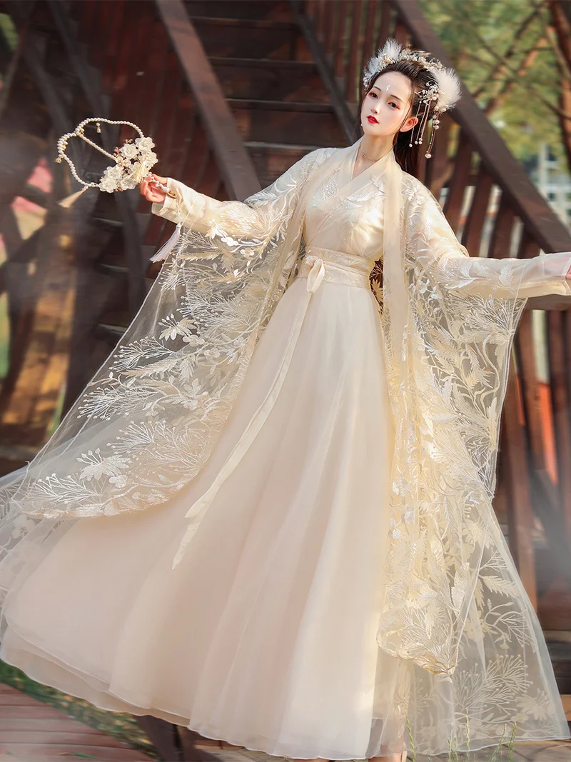 Женский костюм Hanfu с кружевной вышивкой, Летнее дышащее платье Феи в китайском стиле, косплей для выступления национального танцевального хора