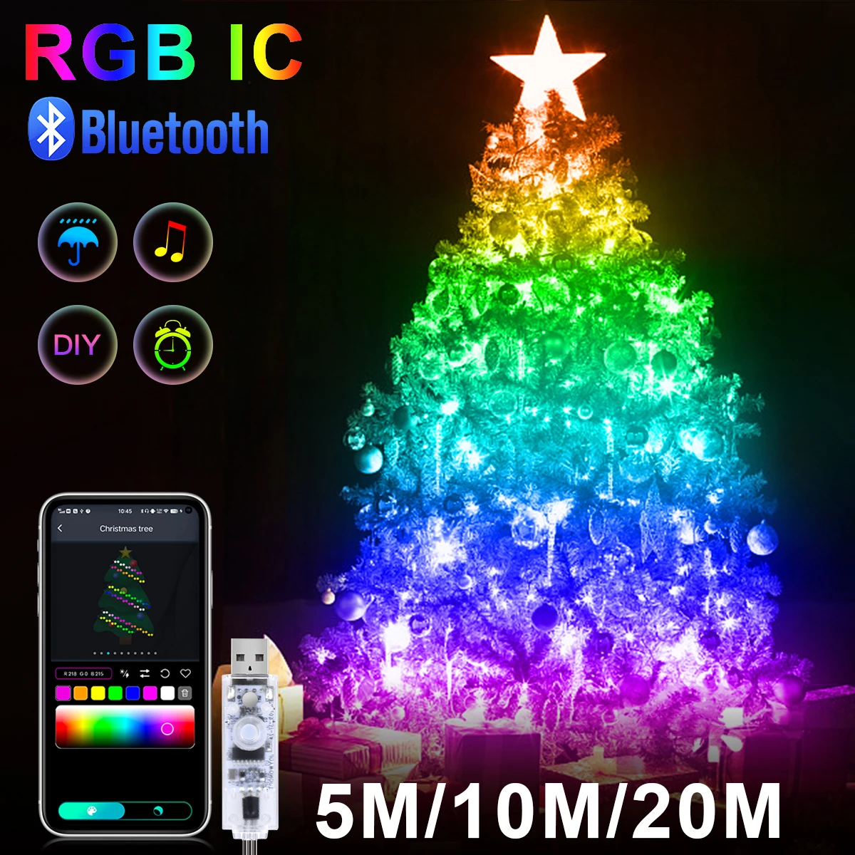 5 м/10 м/20 м Bluetooth Светодиодные Гирлянды Fairy Lights WS2812B Dreamcolor RGBIC DIY Вечерние Огни Рождественской Елки Светодиодные Шторы Декор