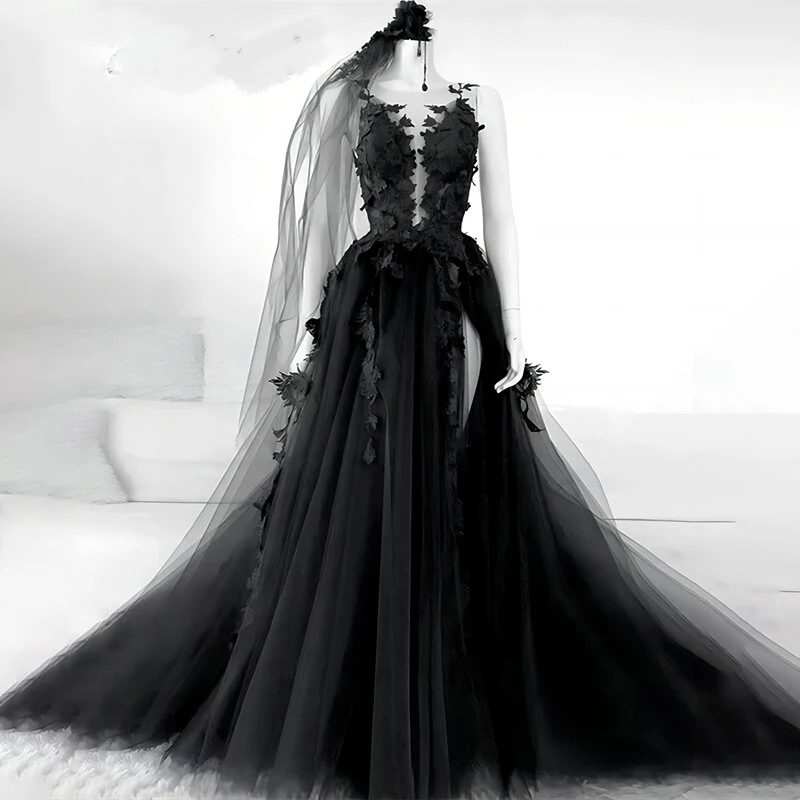 Черные 3D Цветы, Готические Свадебные платья с вуалью без спинки, Иллюзионный V-образный вырез, жемчуг, Трапециевидное свадебное платье на тему Хэллоуина