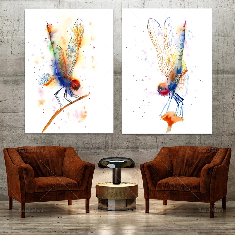 Красочный плакат со стрекозой, настенное искусство со стрекозой, акварель с насекомыми, эстетичный плакат для декора домашней галереи в гостиной