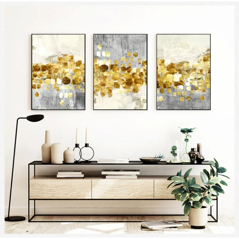 Современное скандинавское абстрактное настенное искусство Серо-золотая текстура стен Плакаты и принты из цветного блока Картина маслом из золотой фольги Декор гостиной