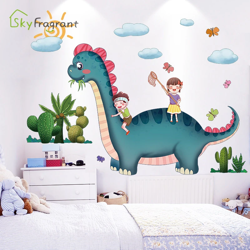 Креативная наклейка на стену с мультяшным динозавром, украшение комнаты для мальчиков, Самоклеящиеся наклейки для домашнего декора для детских комнат, Декор спальни