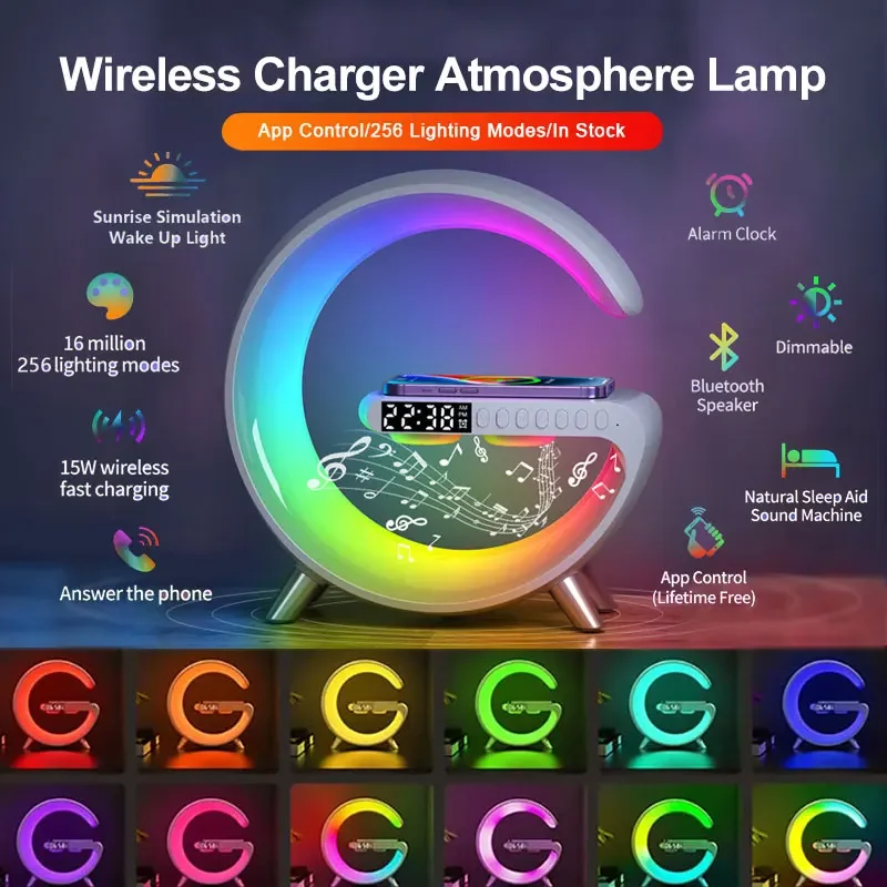 Интеллектуальная атмосфера Bluetooth Динамик Беспроводное зарядное устройство Прикроватный будильник для пробуждения на рассвете Polar Lamp
