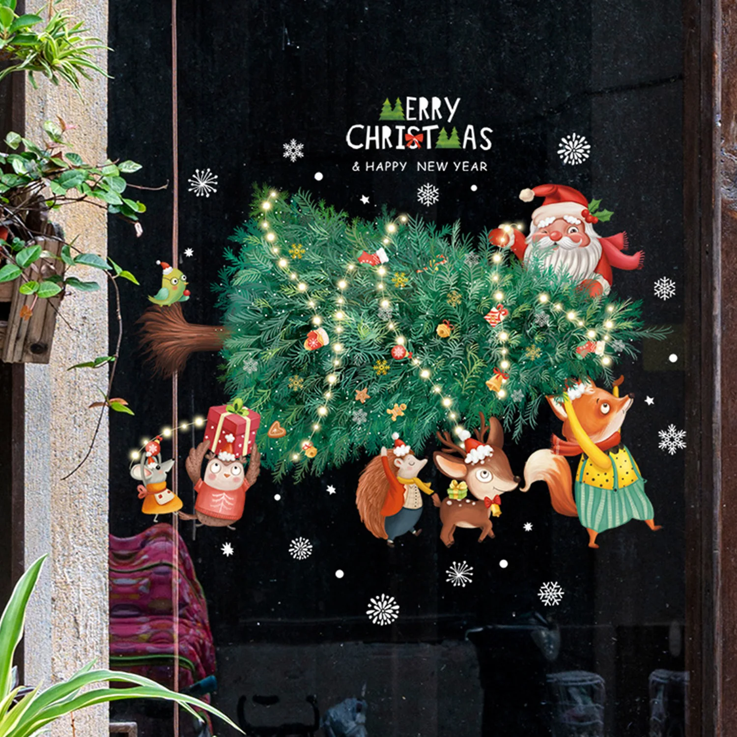 Мультяшные рождественские электростатические наклейки на стены, Санта-Клаус, Рождественская елка, наклейки на оконное стекло, наклейки на стены, Веселый рождественский декор 2024