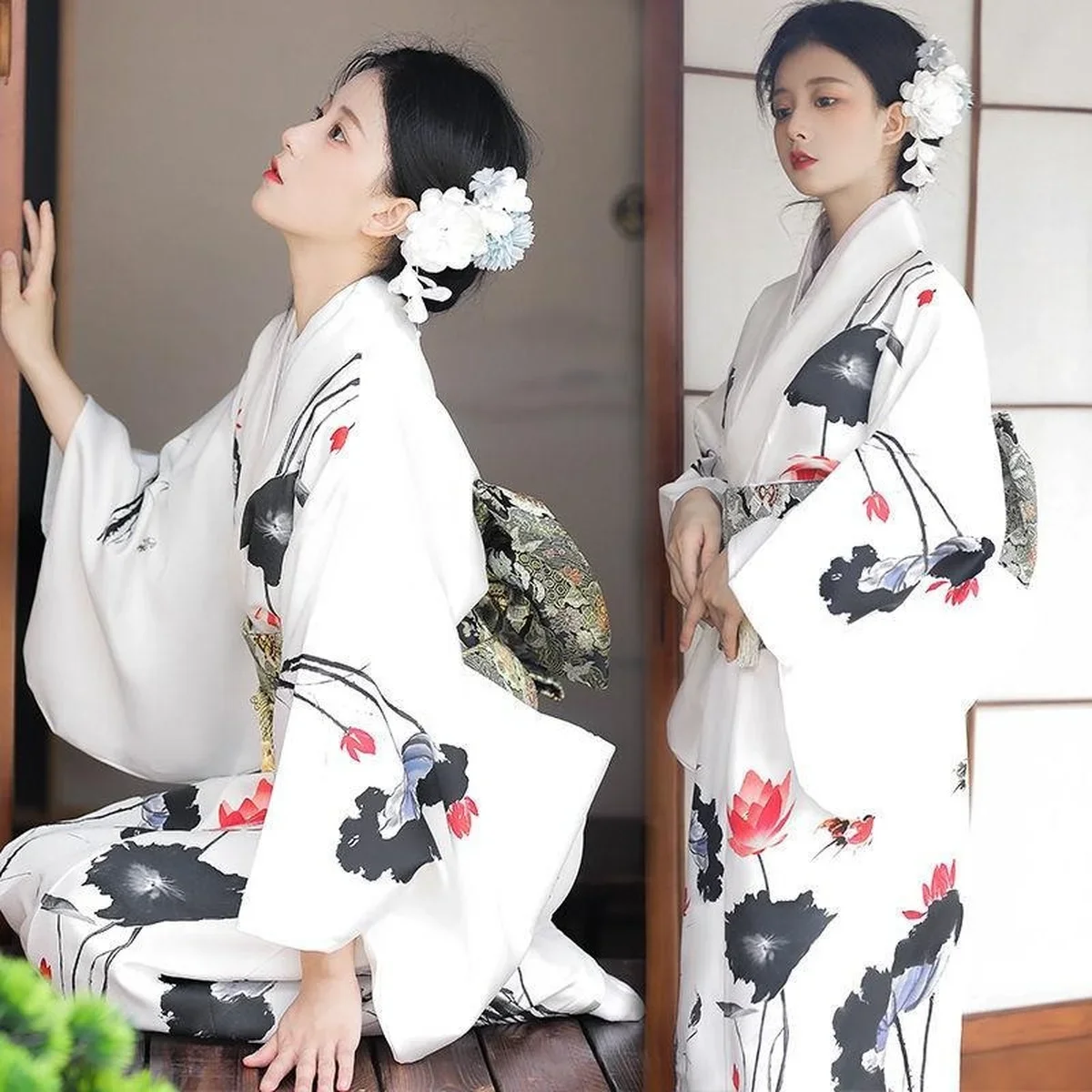 Женская одежда, платья, элементы рисования тушью в китайском стиле, женские японские традиционные гейши для улучшения фотографий, Белое кимоно