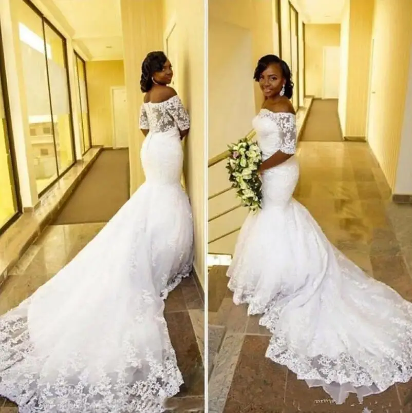 Белое кружевное свадебное платье Русалка с длинными рукавами и аппликацией Плюс Размер Африканские свадебные платья 2024 с открытыми плечами Часовня Поезд