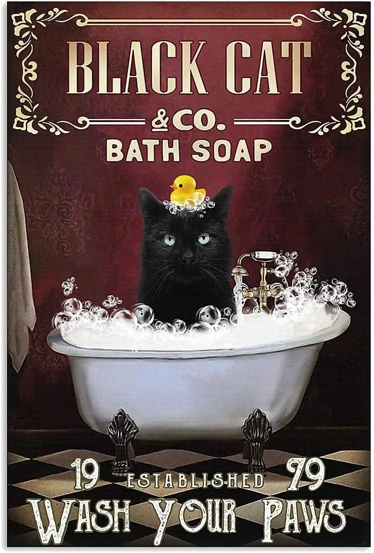 Металлическая жестяная вывеска с котом в ванной в стиле ретро, плакат с мыльным пузырем для ванной с черным котом, украшение стены дома в баре 