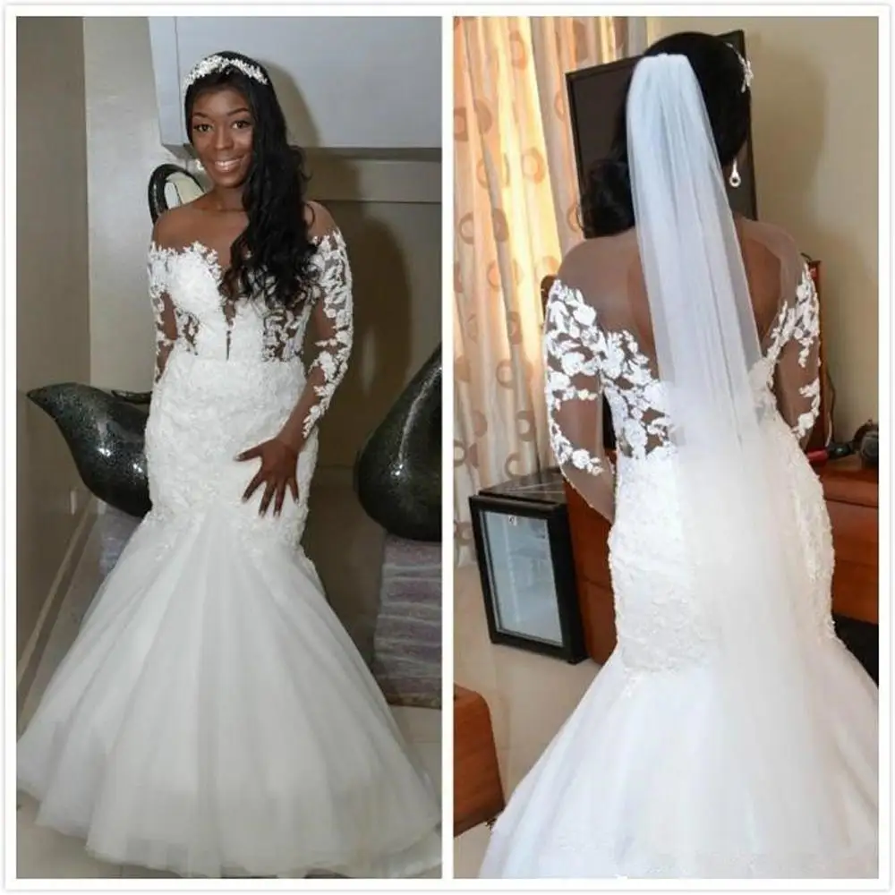 Арабские свадебные платья с длинными рукавами, Прозрачная шея, расшитая бисером спинка, дизайнер Африканских свадебных платьев