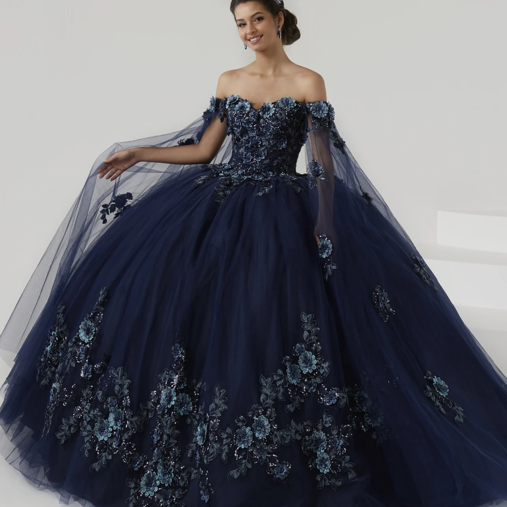 Lorencia Темно-Синее Пышное Платье 2023 Бальное Платье С Аппликацией Из Шали Кружевные Цветы Хрустальная Принцесса На 15 Лет Вечернее Платье YQD205