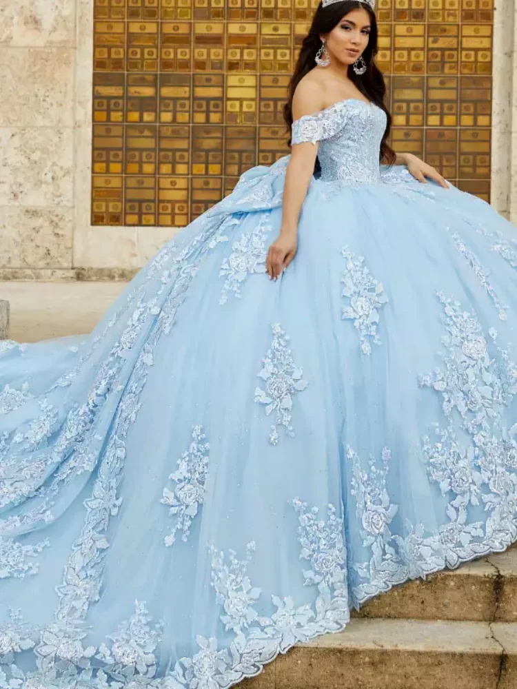 Небесно-голубое пышное платье Morden Sweetheart с открытой спиной 2023, вечернее платье принцессы с кружевными аппликациями с открытыми плечами на 16 лет