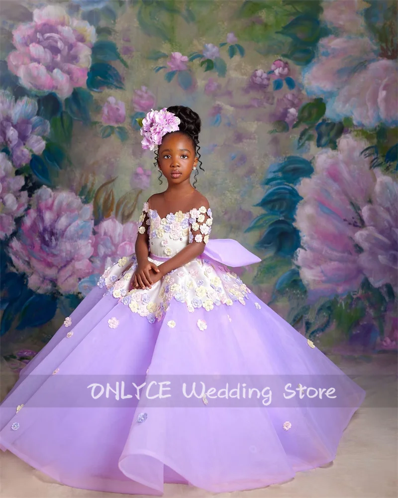 Лавандово-фиолетовое платье в цветочек для девочек на свадьбу, Прозрачная сетка, аппликации, жемчуг, бусы, детские бальные платья для вечеринки по случаю Дня рождения, платье для причастия