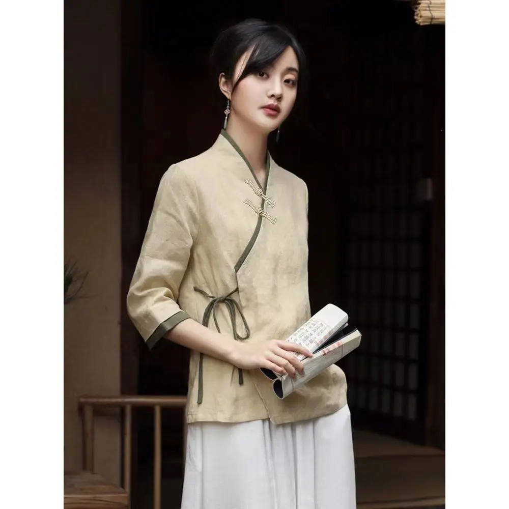 2024 новый китайский стиль с v образным вырезом традиционная женская винтажная одежда хлопчатобумажная льняная блузка в японском стиле женский изящный чайный арт-топ