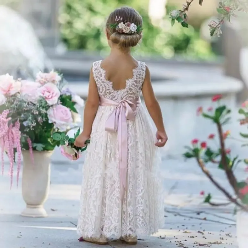 Платье с цветочным узором для девочек, кружевное платье цвета слоновой кости с открытой спиной, Розовый пояс с бантом, праздничное платье для свадьбы, дня рождения, первого причастия для девочек