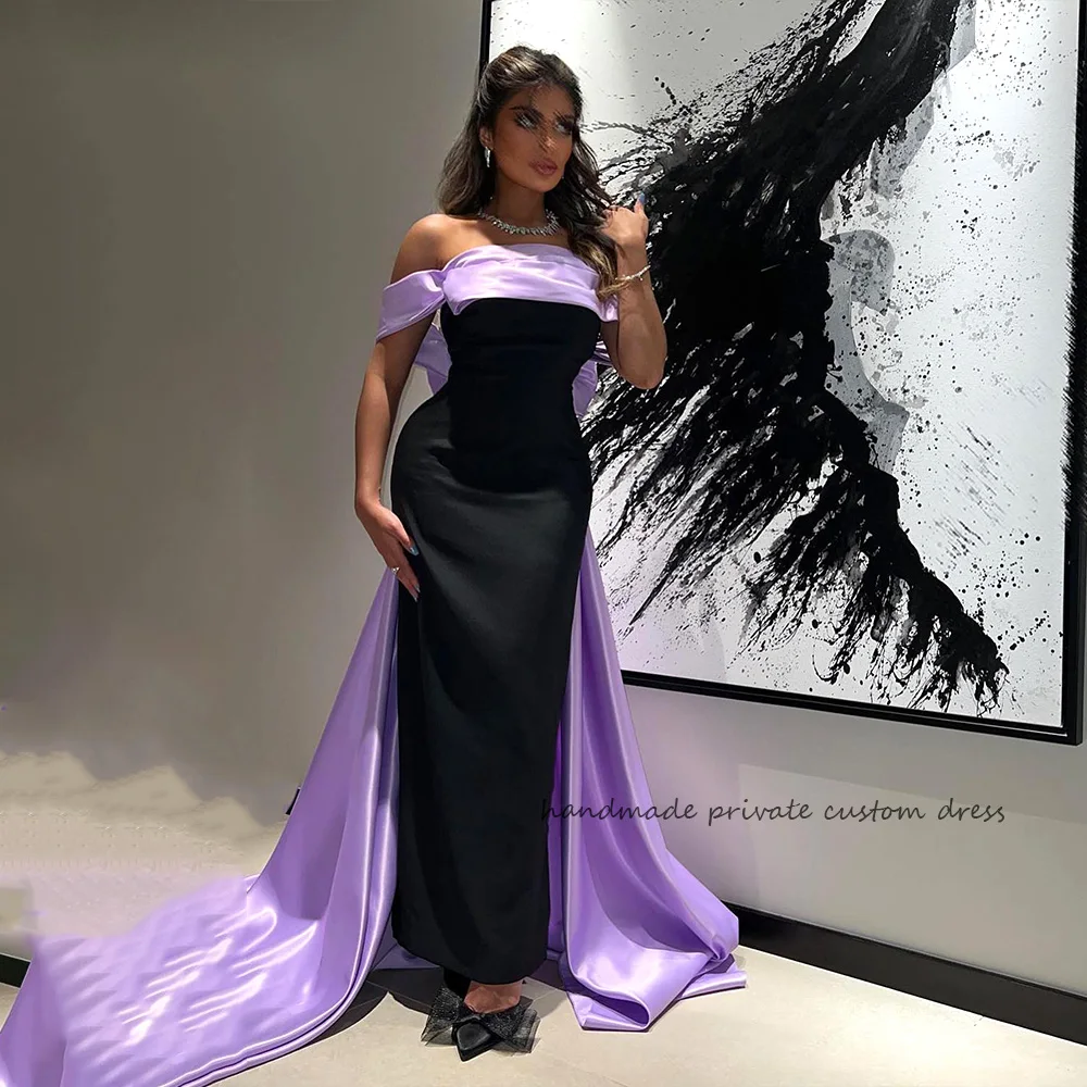 Саудовско-Арабские черные платья русалки для вечеринок, фиолетовое атласное платье с открытыми плечами, вечернее платье Dubai Celebrate для выпускного вечера, вечернее платье со шлейфом и бантом сзади