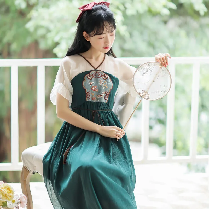 Летнее платье для девочек в китайском традиционном стиле Hanfu Элегантная сценическая одежда с вышивкой, танцевальная одежда сказочной принцессы с коротким рукавом