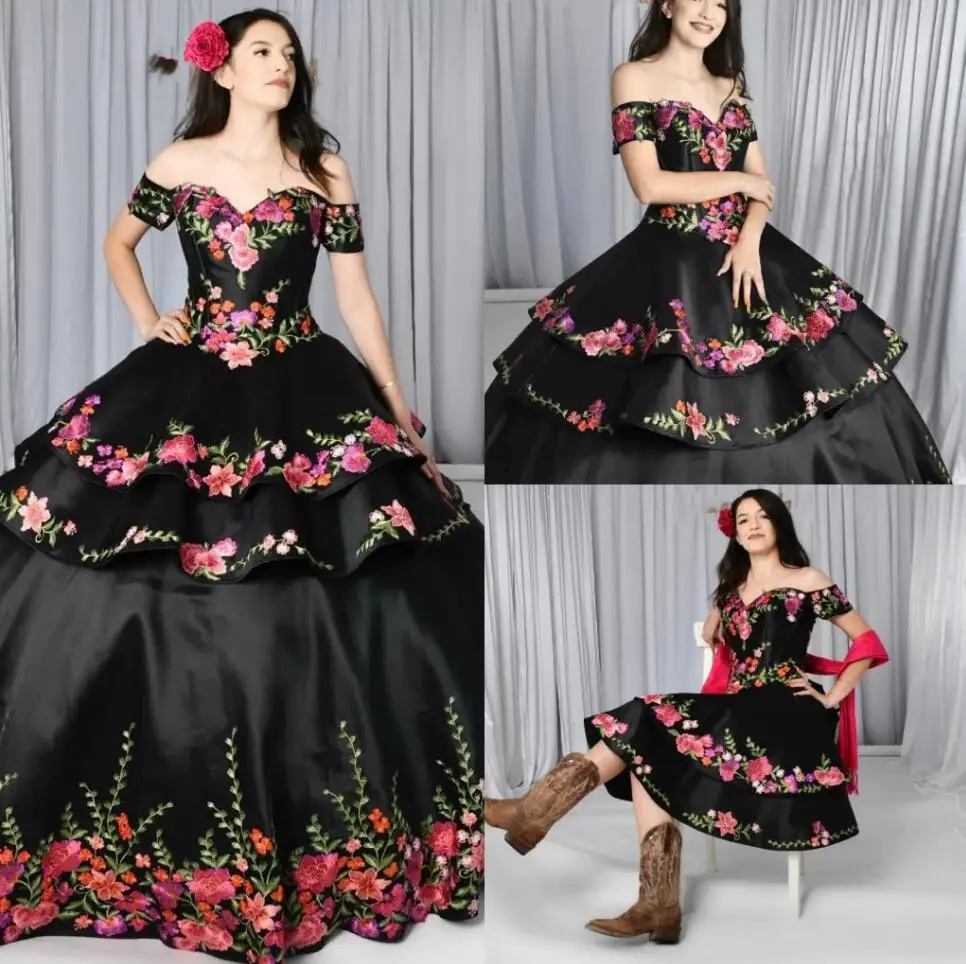 Черные пышные платья Charro, Съемная юбка с цветочной вышивкой, платье Sweet 16 с открытыми плечами, Мексиканская тема, готика