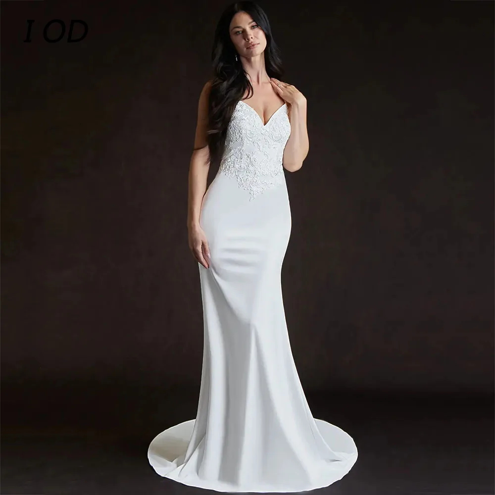 I OD Современное свадебное платье русалки с V-образным вырезом на тонких бретельках, без рукавов, с аппликацией, Свадебное платье длиной до пола, на пуговицах, Vestidos De Novia