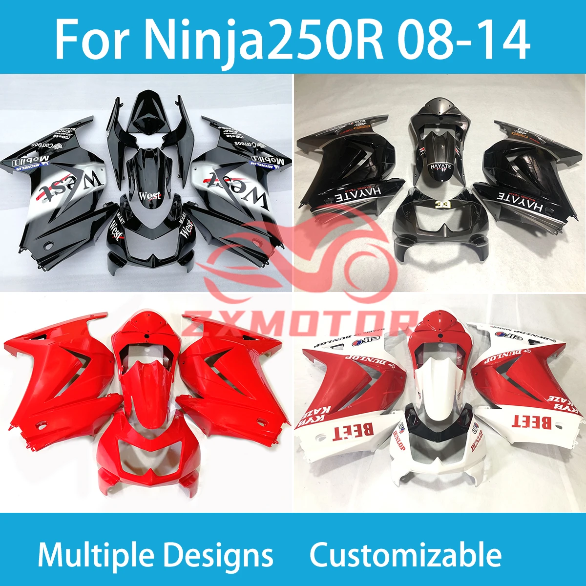 Инжекционные Обтекатели для Kawasaki Ninja250R 08 09 10 11 12 13 14 Комплект Мотоциклетных Обтекателей Ninja 250R 2008 2009-2011 2012 2013 2014