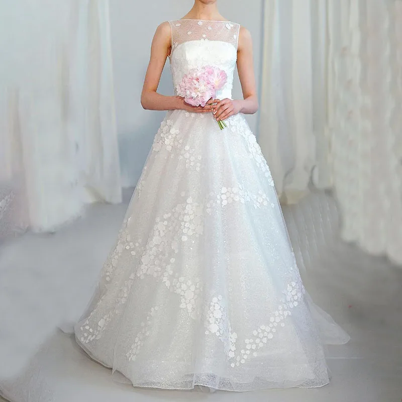 Длинные свадебные платья с 3D цветами для женщин, тюлевое кружевное свадебное платье трапециевидной формы с вырезом лодочкой длиной до пола, Вечернее платье 2023 Vestidos De Novia