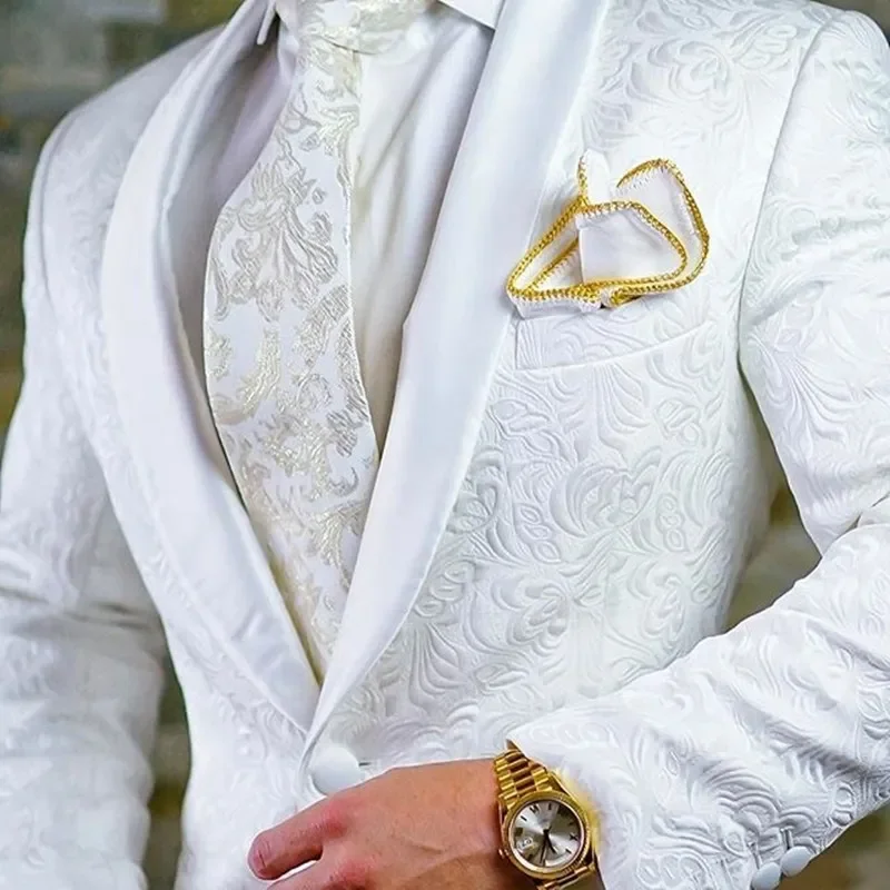 Свадебные Мужские костюмы, Однобортная Шаль С Лацканами, Белый Цветочный Жаккардовый Смокинг Жениха Из Двух частей, Модный костюм 2023 (Куртка + брюки)