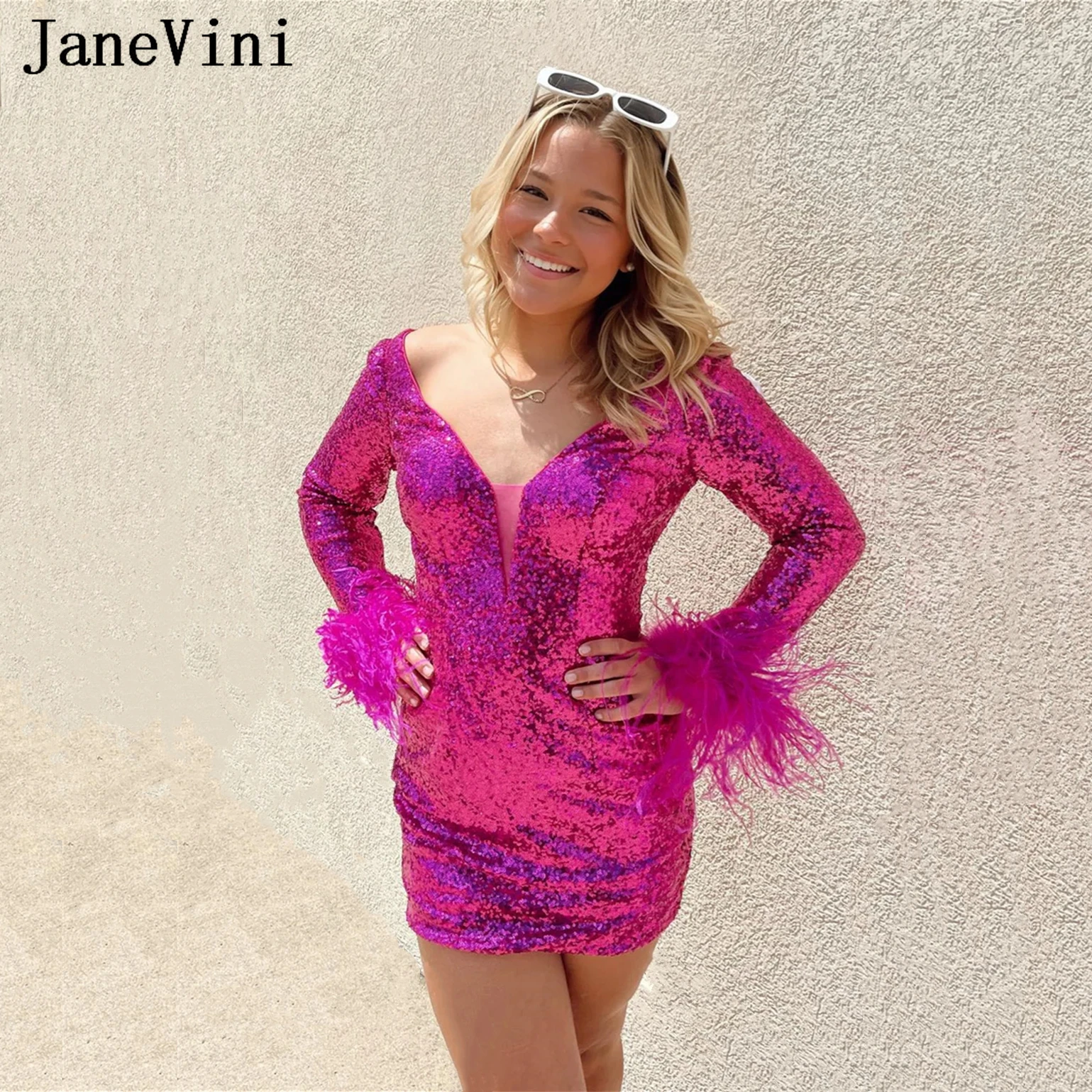 JaneVini Роскошные платья для встречи выпускников цвета Фуксии с блестками и перьями, облегающее коктейльное платье с длинным рукавом и V-образным вырезом, Vestidos De Fiesta