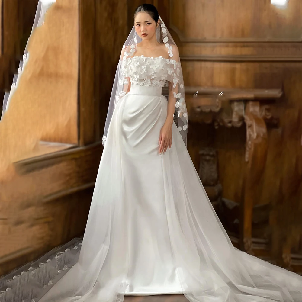 Verngo Платья с вырезом лодочкой и Открытыми Плечами Для Женщин 2023, Свадебное Платье Со складками Трапециевидной формы, Атласное Платье Невесты с 3D Цветами