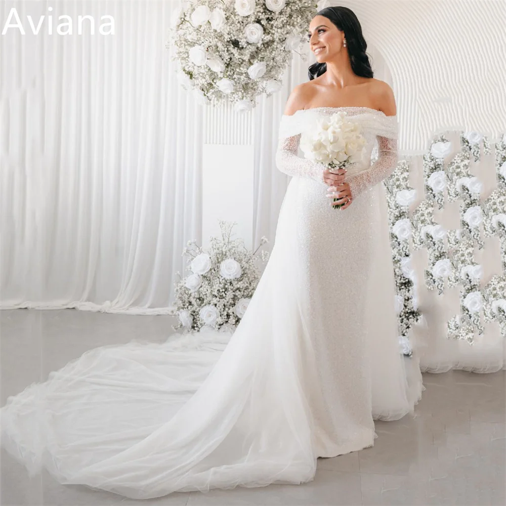 Aviana Свадебные платья Русалки из тюля с открытыми плечами и длинным рукавом с вырезом лодочкой и шлейфом без спинки, свадебные платья Vestido De Novia