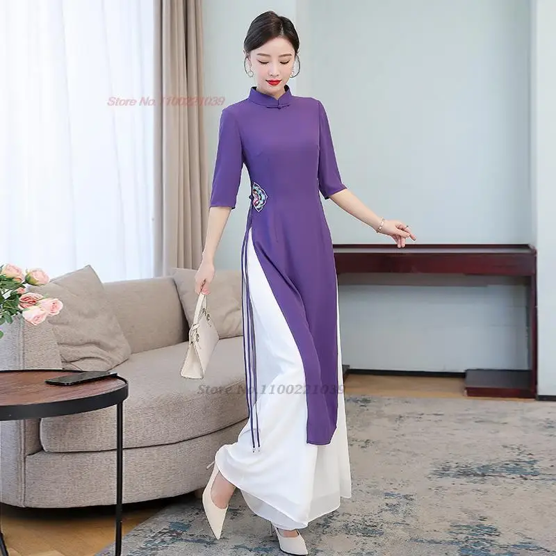 2024 традиционное вьетнамское китайское платье ао дай + комплект брюк женское платье с цветочной вышивкой чонсам, костюм с цветочным рисунком, платье aodai qipao