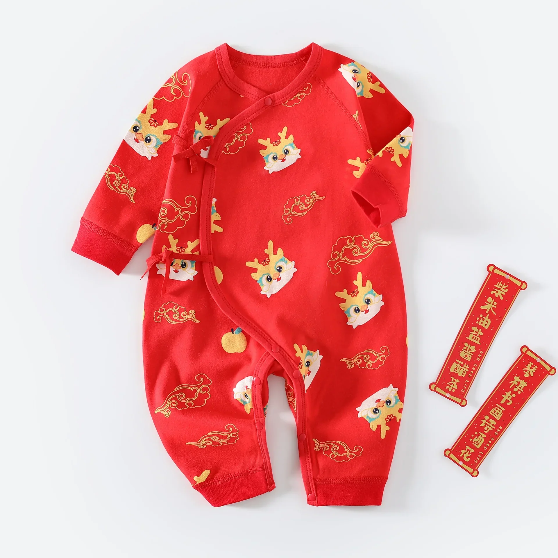Детская одежда из красного хлопка, Китайский Новый год, День рождения на целый месяц, Осенний комбинезон для новорожденных, пижама, костюм 