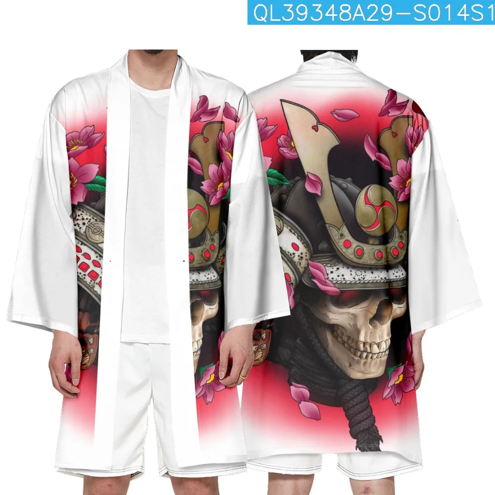 Летнее японское модное винтажное Длинное кимоно с белым принтом Черепа, уличная одежда, Женский Мужской топ Хаори, Пляжный кардиган, Юката