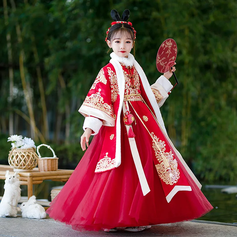 Девочки Фея детская Hanfu Тан костюм теплый детский зимний стеганый с вышивкой платье с пальто, Китайский Новый год одежда
