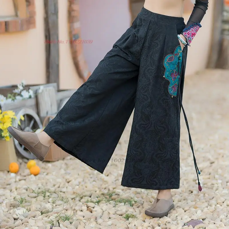 2024 китайские традиционные брюки harajuku с винтажной национальной цветочной вышивкой, женские жаккардовые свободные брюки, восточные этнические брюки