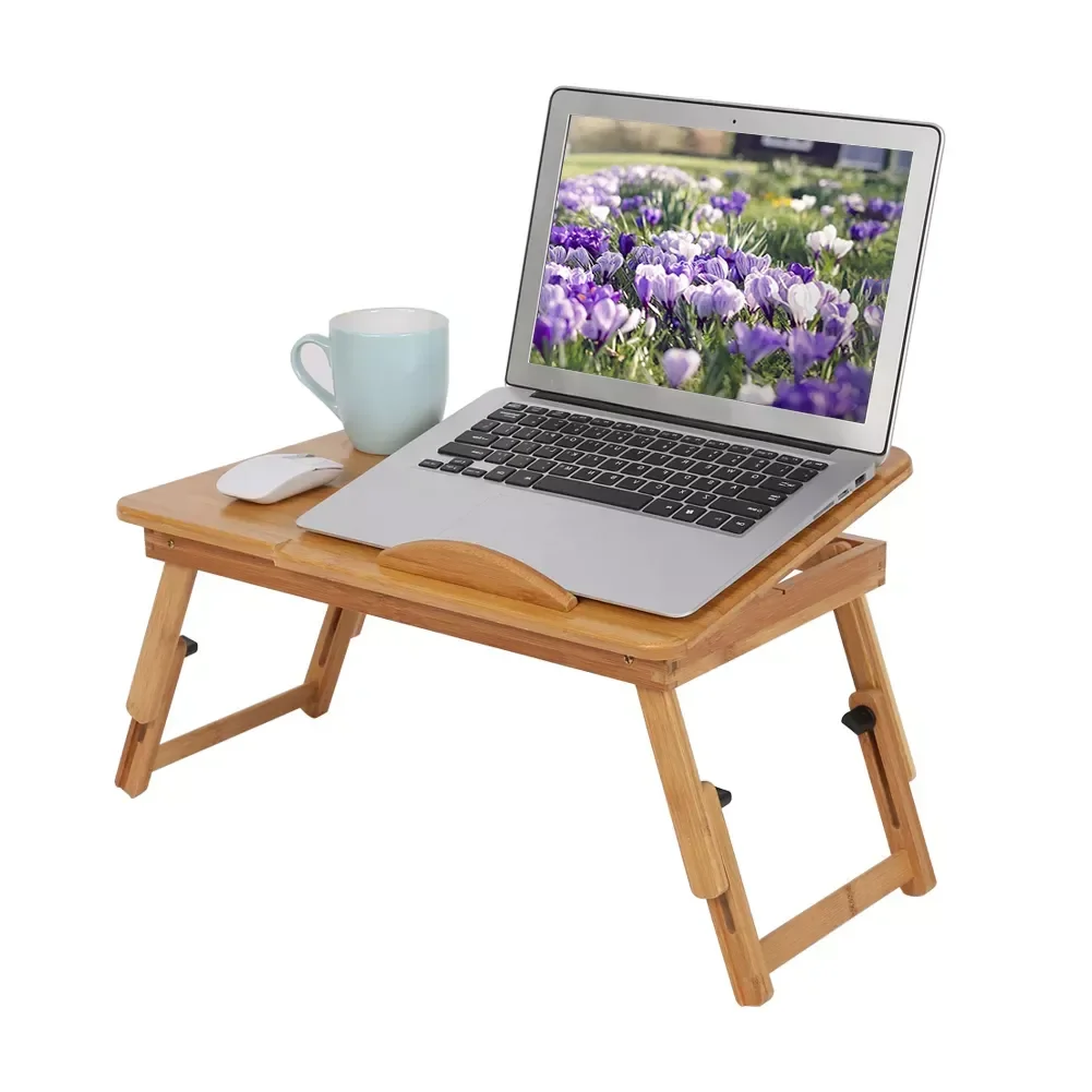 Регулируемая бамбуковая подставка для ноутбука, портативный столик для ноутбука, противоскользящая перегородка, своевременное выделение тепла, прикроватный столик