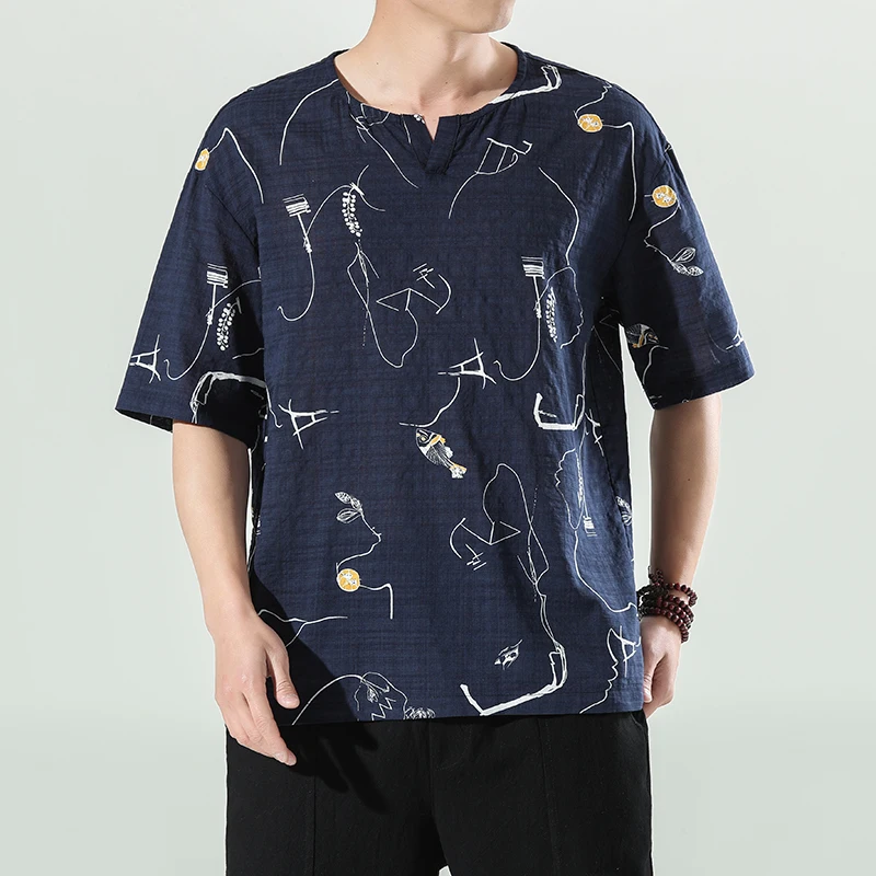 Мужская летняя Тонкая футболка с короткими рукавами Sinicism, Хлопковая футболка с винтажным принтом, Мужская Футболка с круглым вырезом, Топ Hanfu Размера Плюс