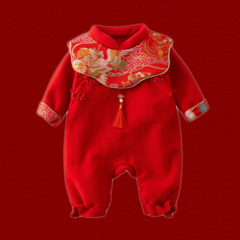 2023 НОВЫЙ китайский традиционный комбинезон для новорожденного с цветочным рисунком Hanfu, красный костюм Tang, комбинезон на день рождения, китайские новогодние наряды