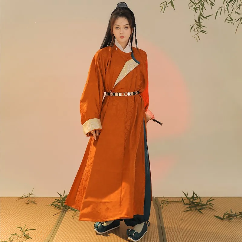 2023 Свободный мужской и женский длинный халат с темным рисунком династии Тан Хань, халат с круглым вырезом, платье Hanfu, костюм