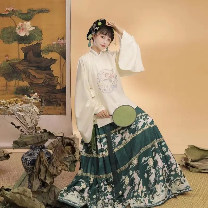 Hanfu Юбка с лошадиным лицом, комплекты из 2 предметов, Женская Китайская Традиционная осенняя юбка Hanfu, фиолетово-зеленая юбка в складку, рубашка с длинным рукавом + юбка