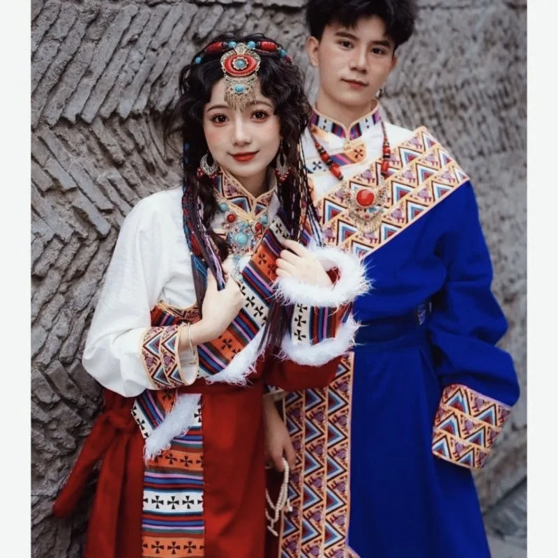 Китайский Традиционный Тибетский Полный комплект Свободный Этнический Тибетский Халат Пара Мужчин Женщин Этническая Тибетская Одежда Наряды Большого Размера 3xl 4xl