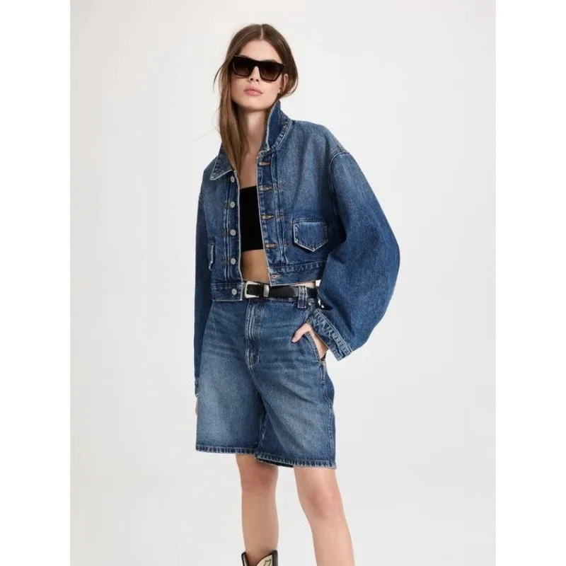 KH @ IT-Женская джинсовая куртка с длинными рукавами, Универсальная Повседневная куртка, Пальто Y2K, Короткое платье, Темно-синий, Новый