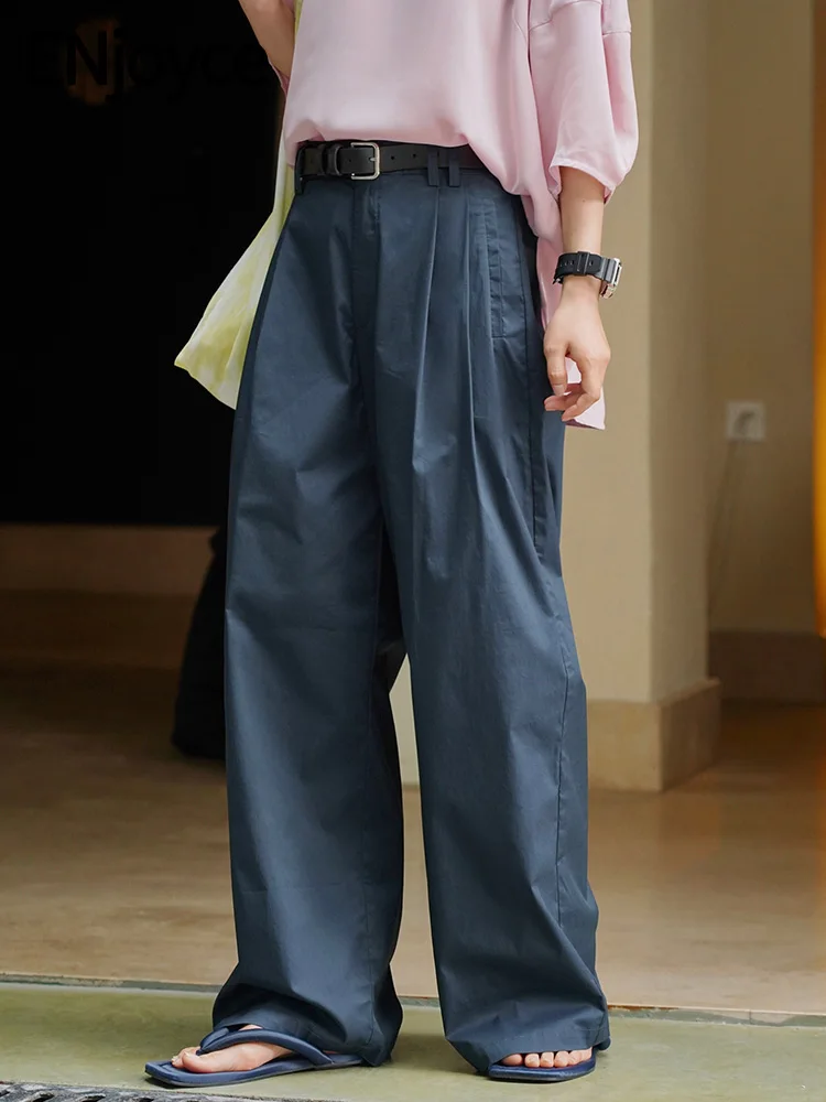 ENjoyce Женские Винтажные Плиссированные широкие брюки для костюма, офисные женские рабочие брюки в корейском стиле с высокой талией, длинные брюки на лето