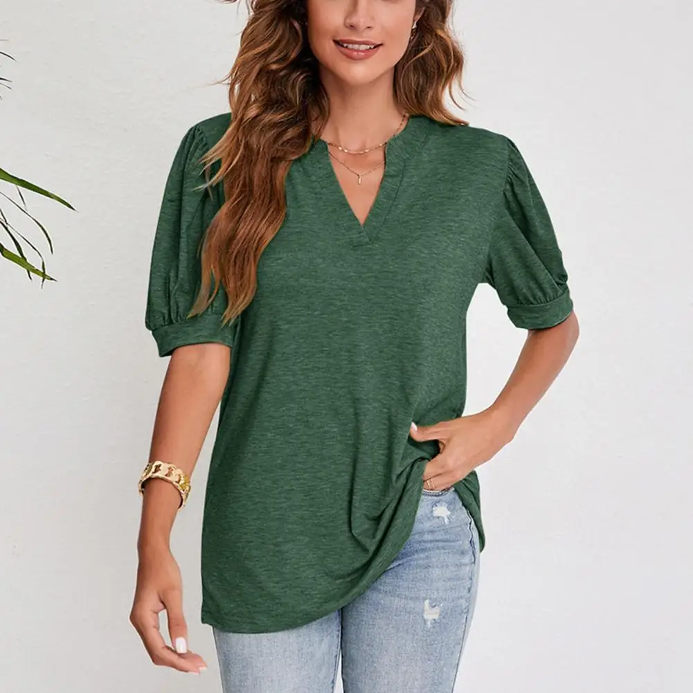 Женская мягкая футболка, Шикарная женская футболка с V-образным вырезом и рукавами-пузырями, мягкая дышащая Повседневная летняя блузка для простого стильного образа Леди