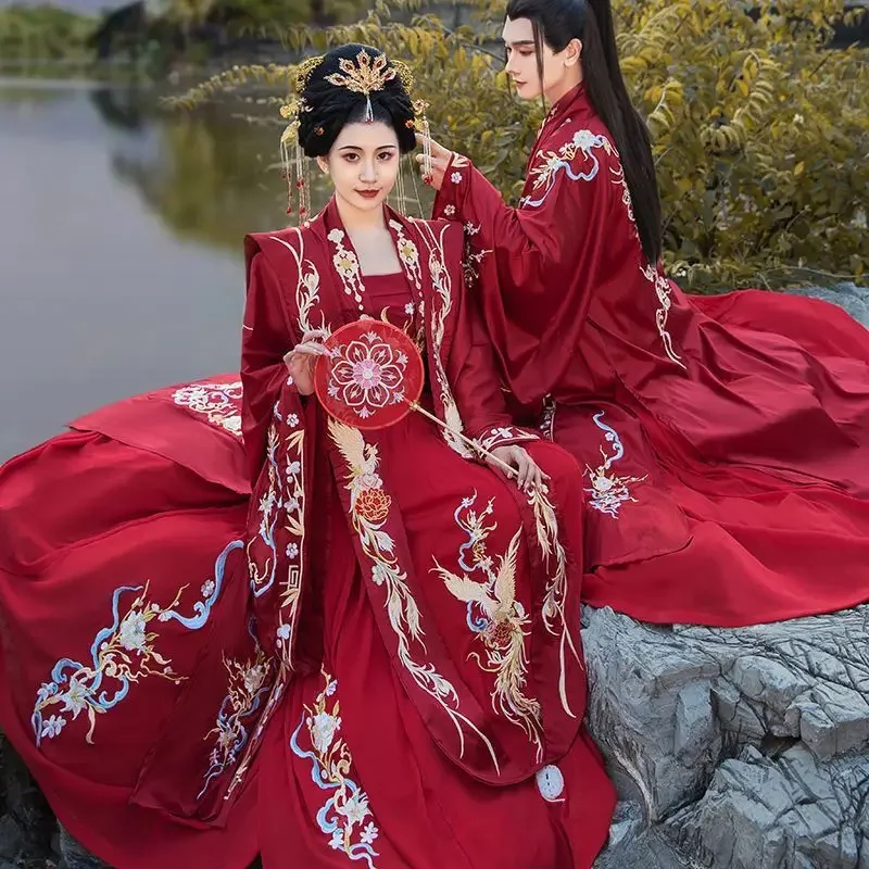 Китайское свадебное платье для женщин и мужчин, Древнее традиционное красное платье Ханфу, свадебное платье жениха и невесты для пар, большие размеры