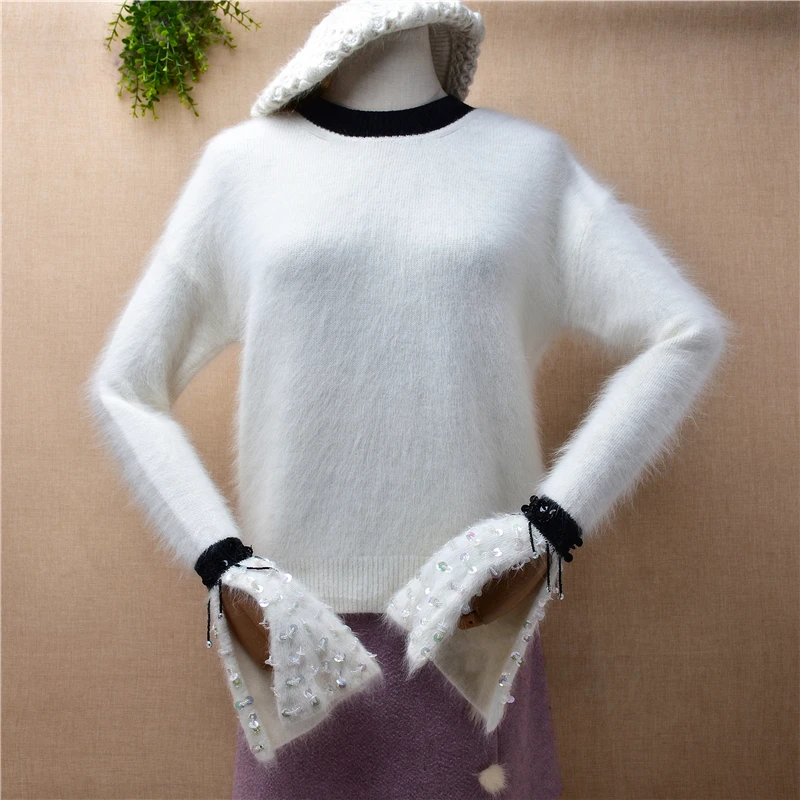 Женская мода Осень-зима, вязаные из шерсти ангорского кролика с длинными расклешенными рукавами, тонкие блузки, пуловеры, джемперы, свитера
