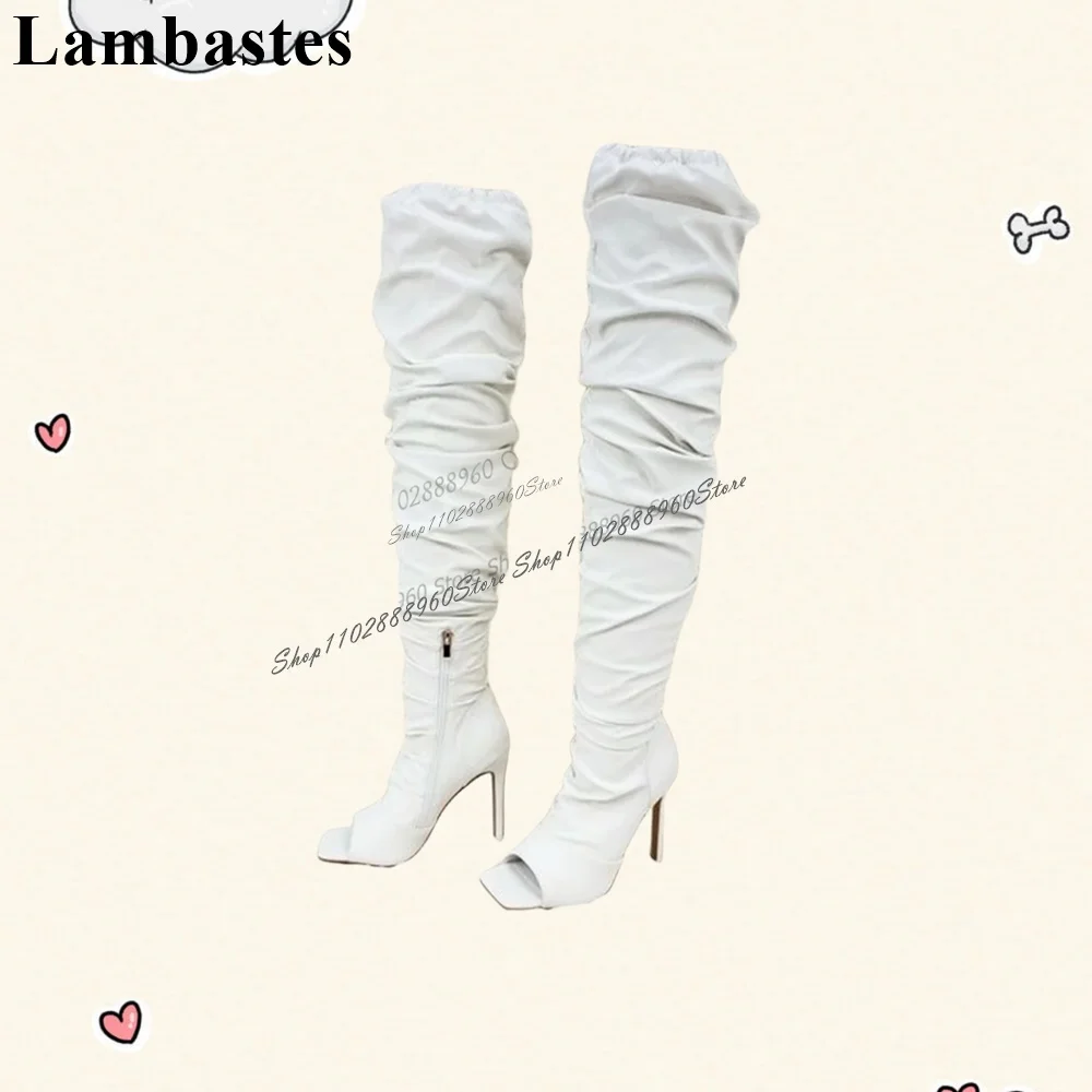 Элегантные Белые Плиссированные Сапоги Выше Колена С Открытым Носком На Шпильке, Женская Обувь на Высоком Каблуке С Боковой Молнией, Мода 2023 года, Zapatillas Mujer