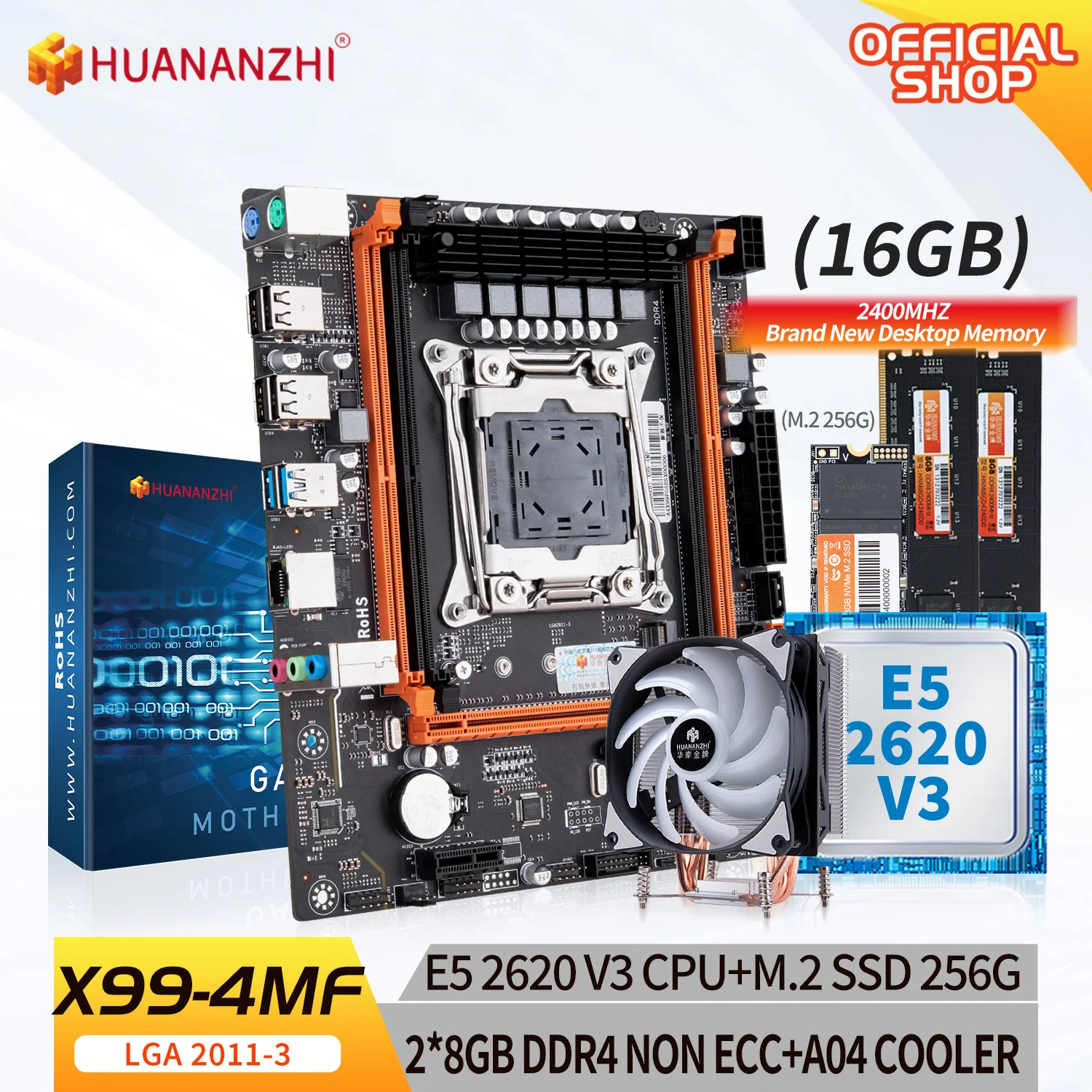 Комбинированный комплект материнской платы HUANANZHI X99 4MF X99 с XEON E5 2620 v3 с 2 * 8G DDR4 NON-ECC с M.2 NVME 256G с кулером A04