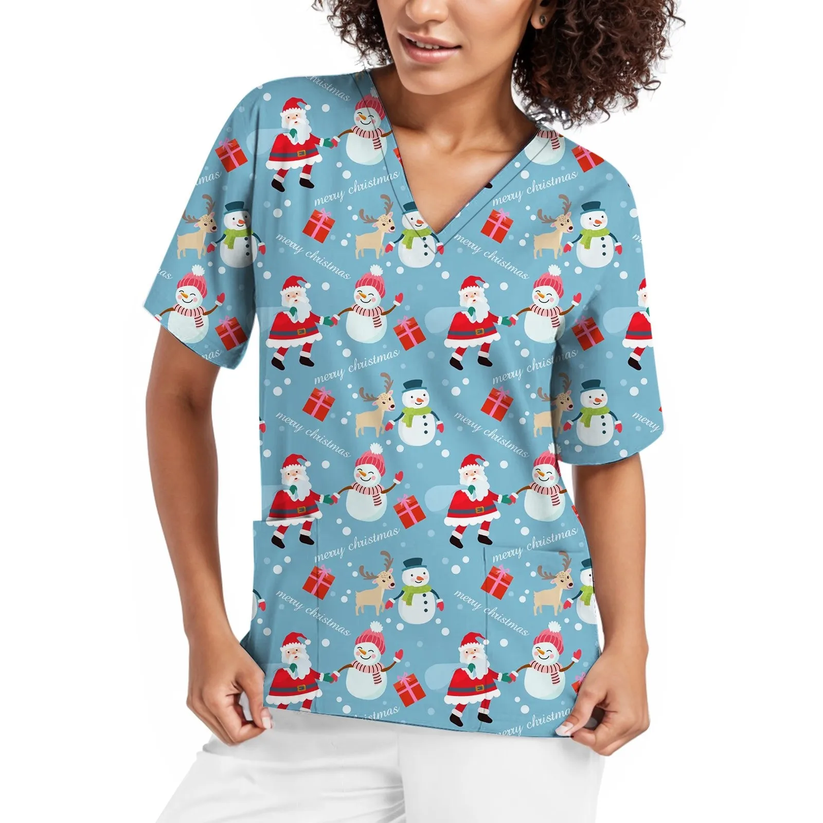 С Рождеством, Медицинская униформа для женщин, топы-скрабы, топ с V-образным вырезом и принтом, рабочая футболка для медсестер, блузка с карманами, праздничная футболка
