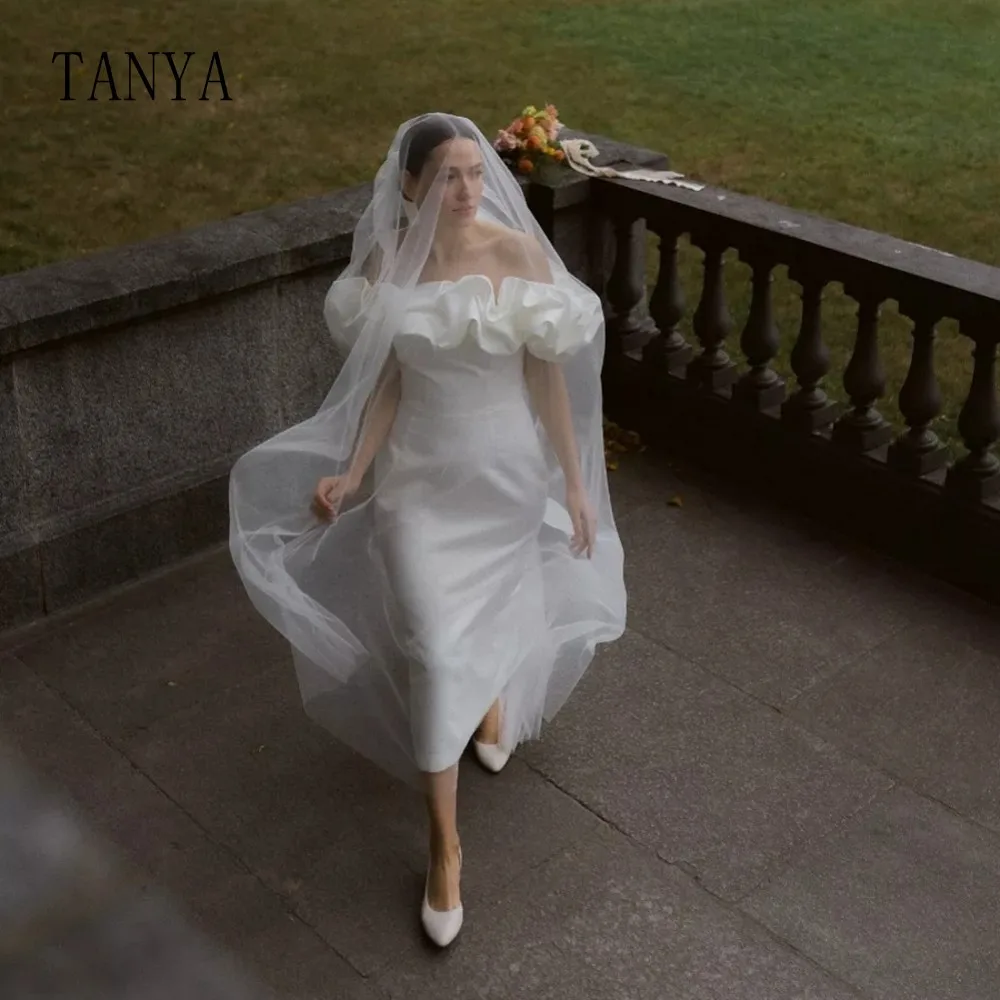 Элегантное свадебное платье-футляр с открытыми плечами, простые атласные свадебные платья с пышными рукавами до середины икры, Шикарные