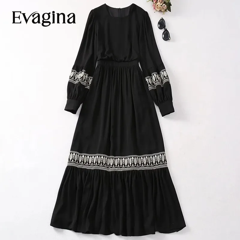 Evagina/ Новое модное дизайнерское винтажное платье с квадратным воротником-фонариком и длинным рукавом черного цвета с вышивкой, облегающее винтажное платье