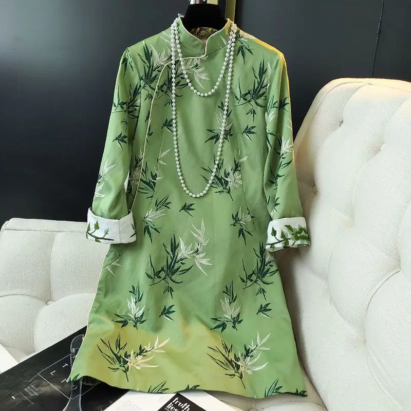 Зеленый Ципао Чи пао Улучшенный Чонсам Элегантная женская одежда Весна Осень Ретро Китайское платье Традиционное повседневное тонкое