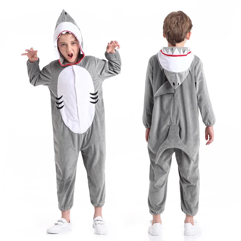 Комбинезон с акулой для девочек 2024 года для детей, Унисекс, Плюшевый костюм животного с капюшоном для мальчиков на Хэллоуин